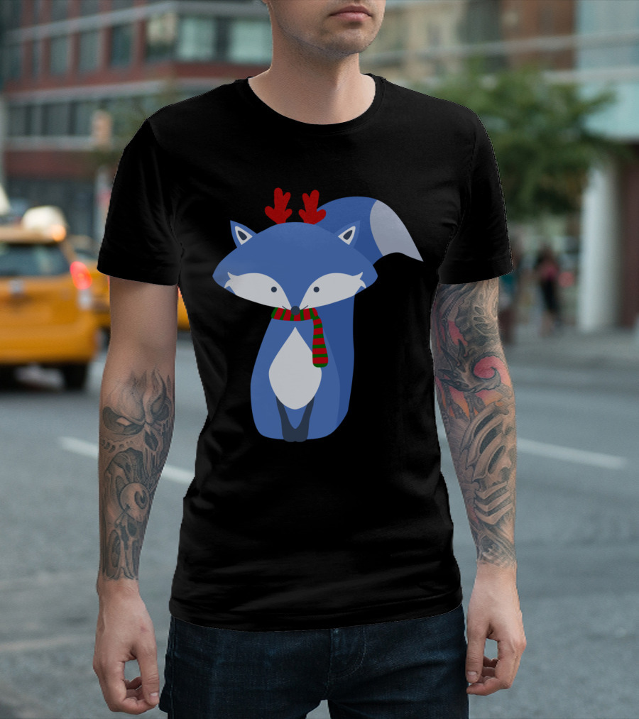 Cute Blue Fox with Antlers and Scarf Wintery Holiday T-Shirt