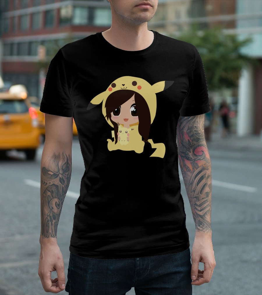Cute Girl in Pikachu Onesie with Plushie T-Shirt