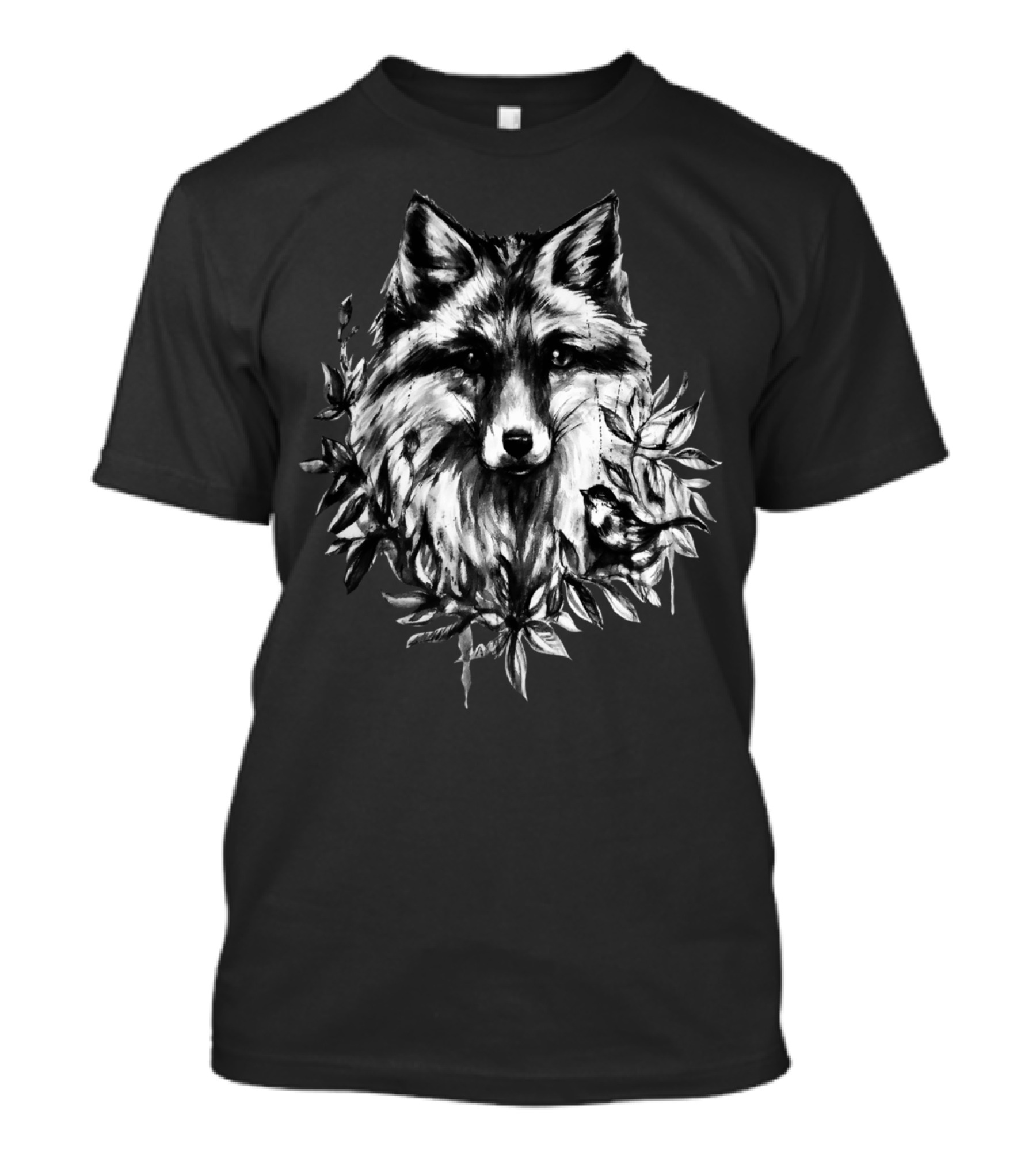Fox And Bird With Foliage Sketch In Monochrome T-Shirt