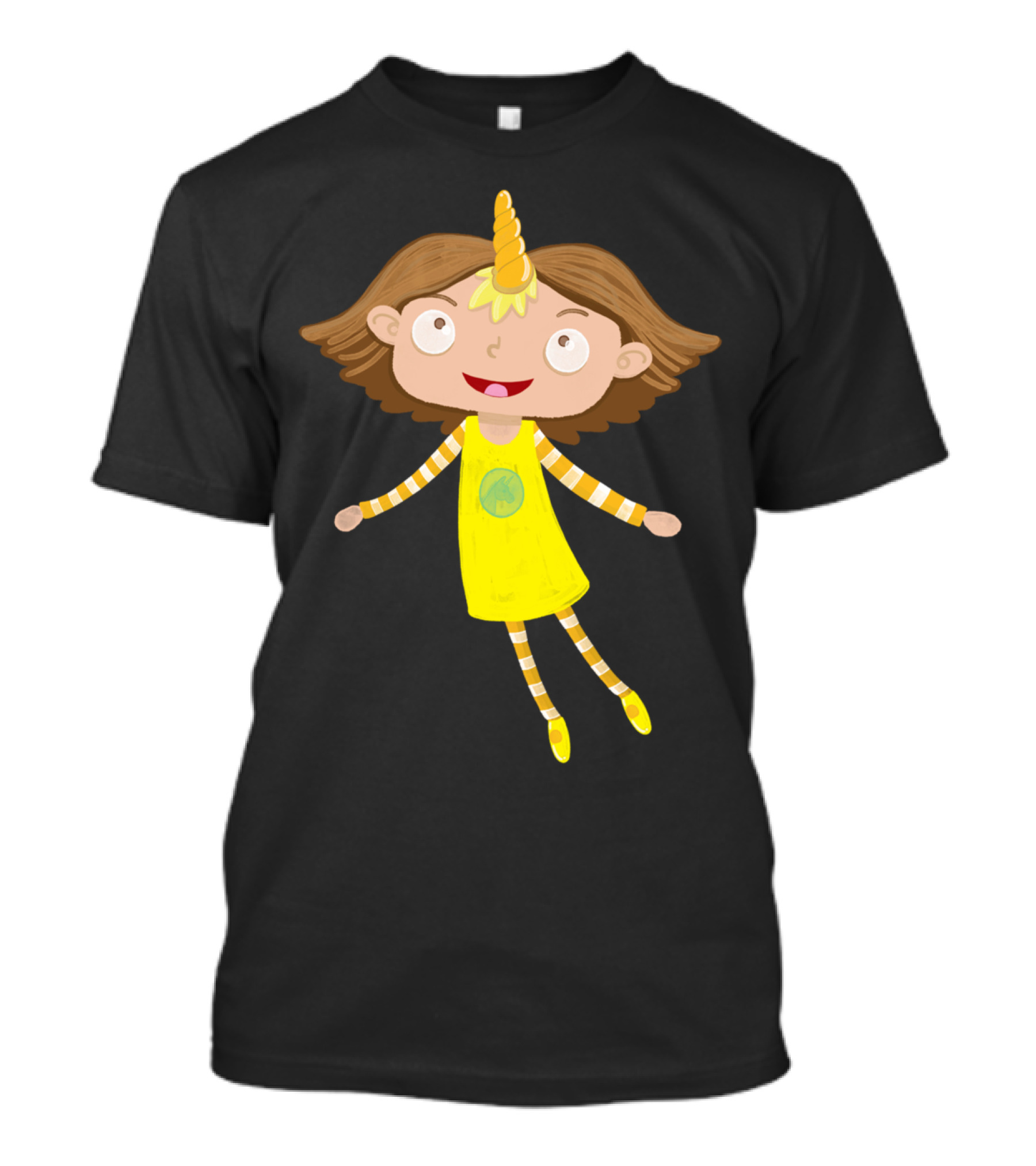 Unicorn Girl Happy Cartoon Character In Yellow Dress With Horn And Striped Socks T-Shirt