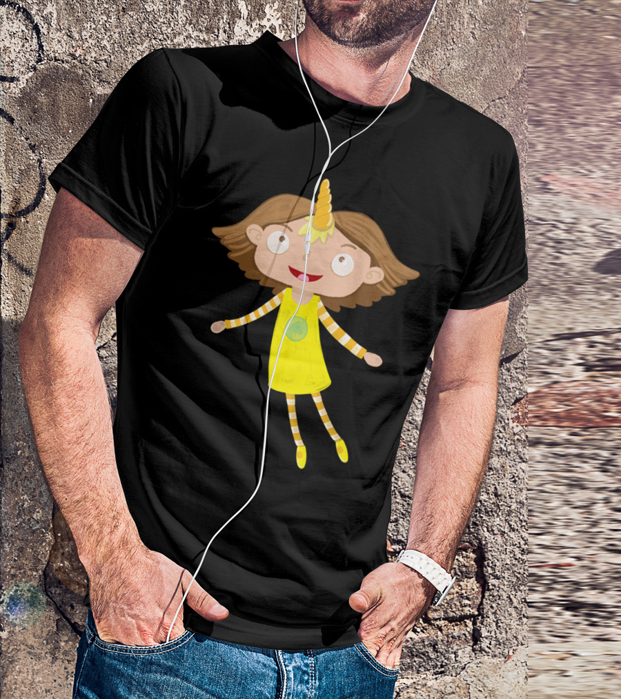 Unicorn Girl Happy Cartoon Character In Yellow Dress With Horn And Striped Socks T-Shirt