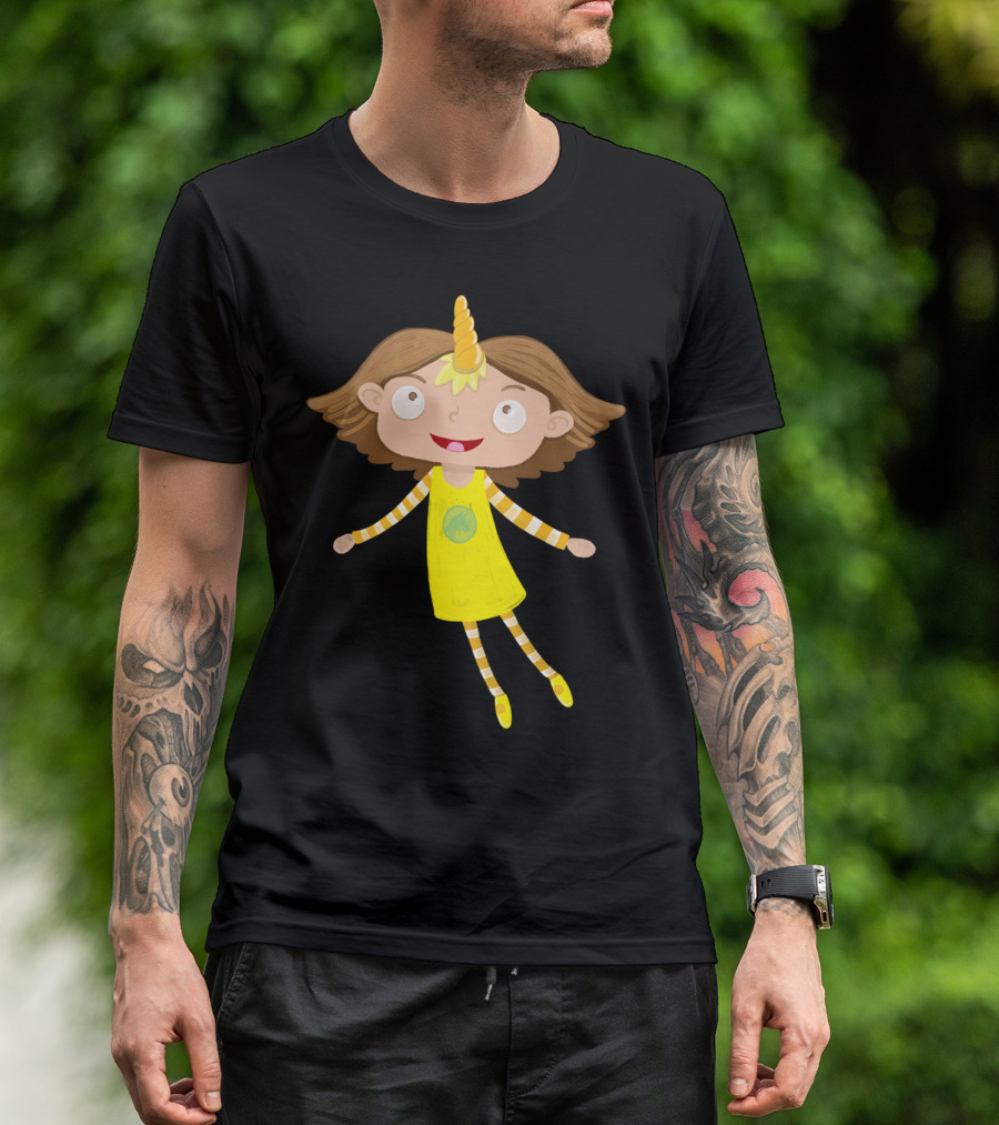 Unicorn Girl Happy Cartoon Character In Yellow Dress With Horn And Striped Socks T-Shirt