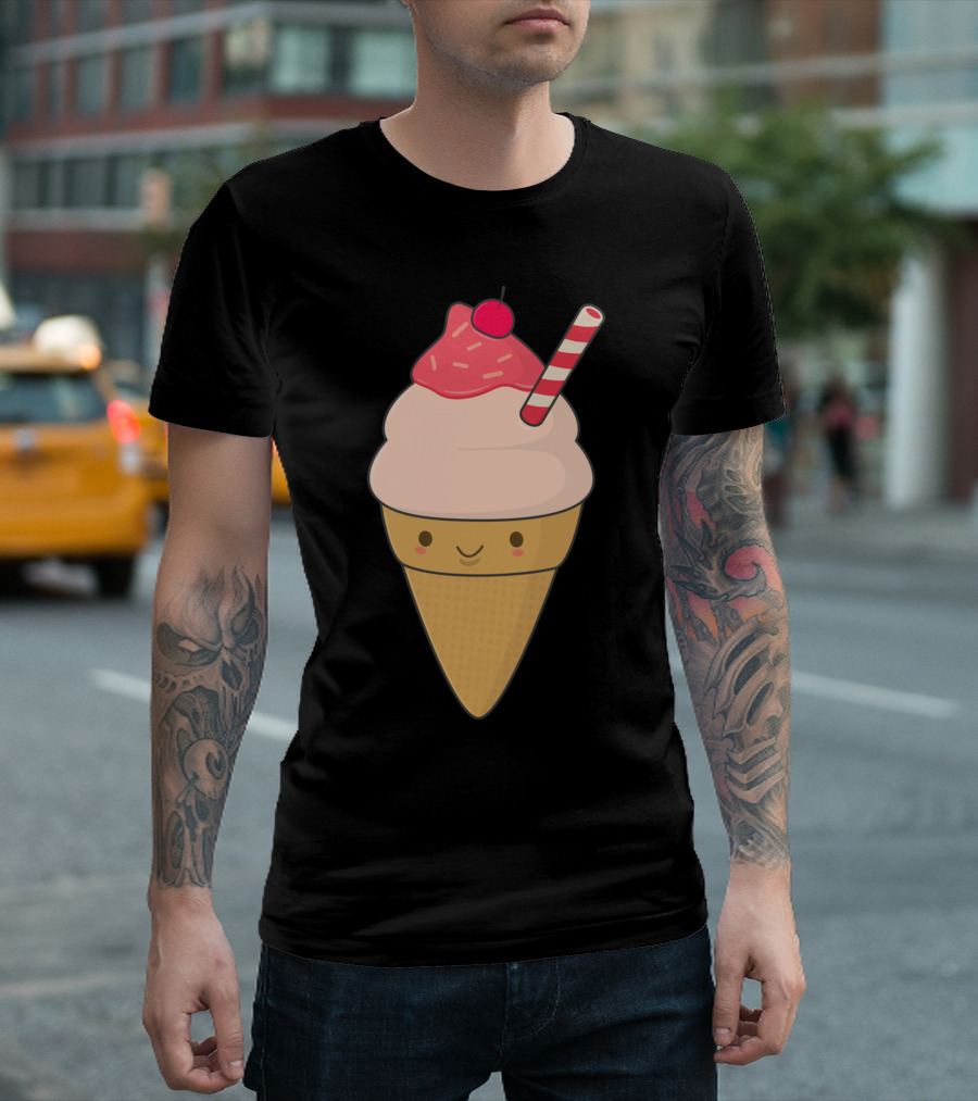 Cute Ice Cream Cone With Cherry And Straw T-Shirt