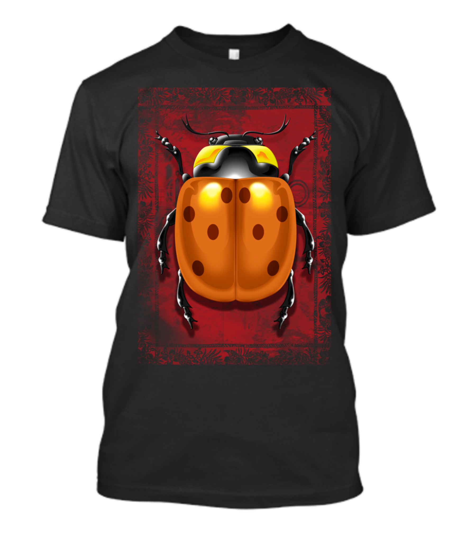 LadyBug Beetle On Red Ornate Background T-Shirt