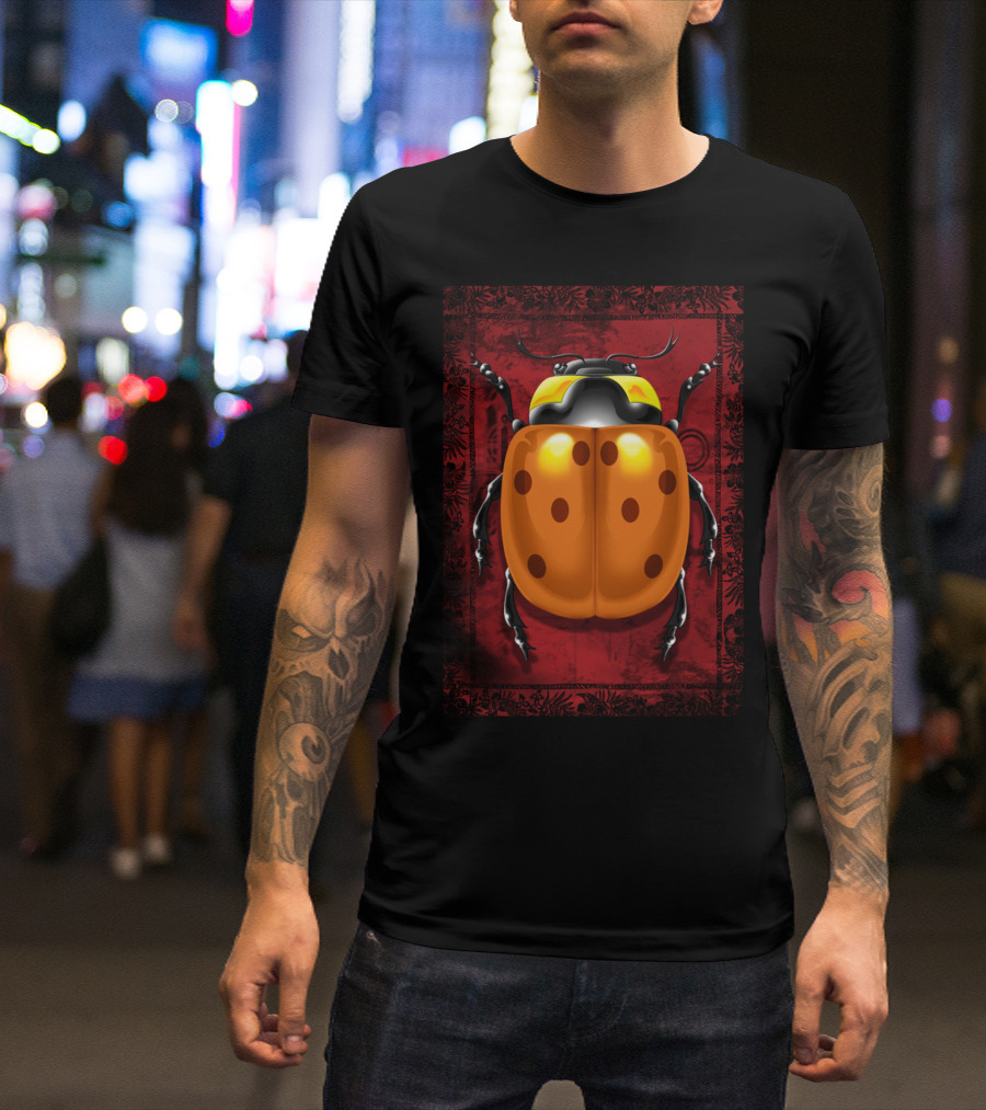 LadyBug Beetle On Red Ornate Background T-Shirt