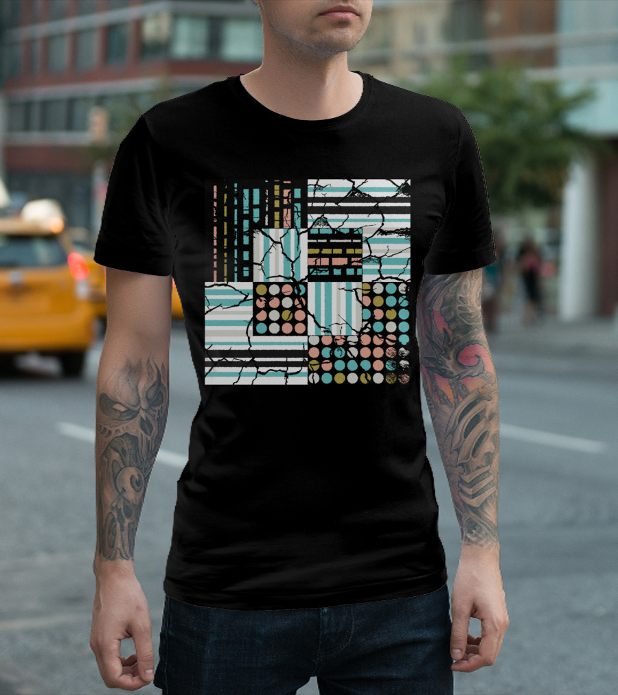 Striped and Dotted Distressed Pattern Squares T-Shirt