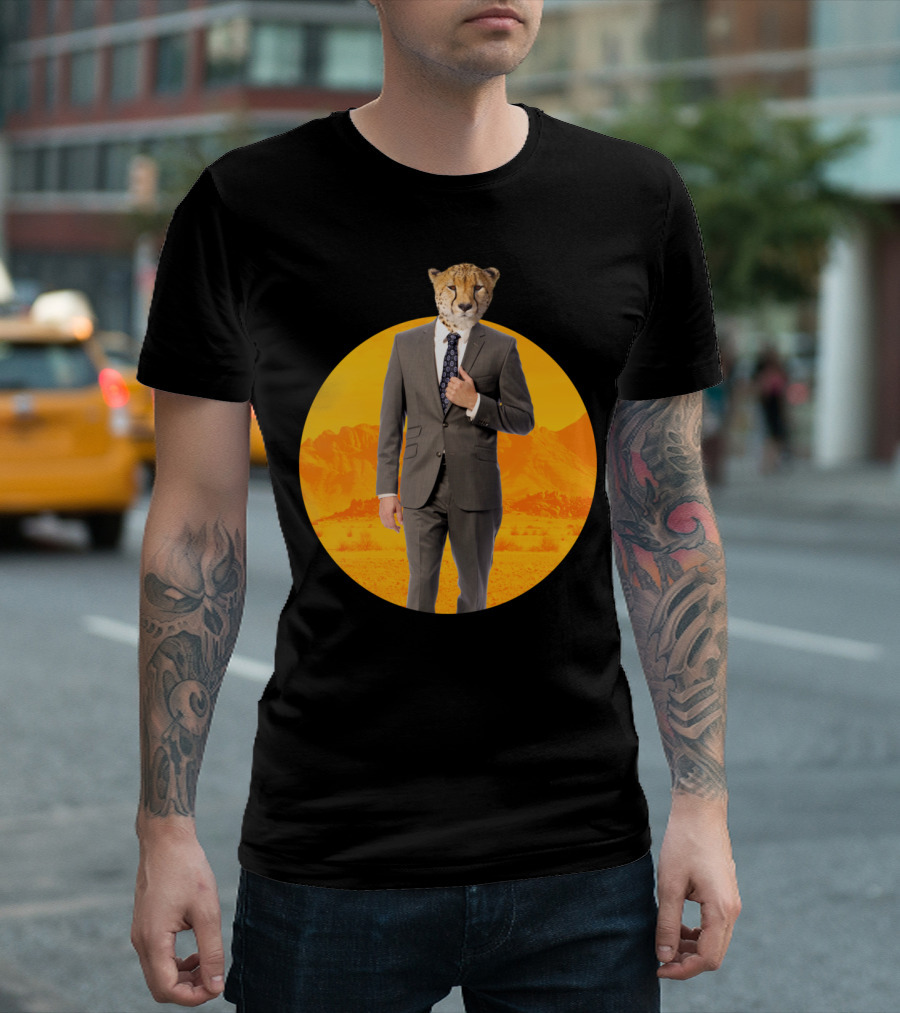 Sir Cheetah in Suit Against Sunset Desert Landscape T-Shirt