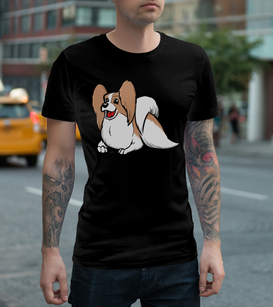 Cute Papillon Cartoon Dog Smiling Playfully T-Shirt