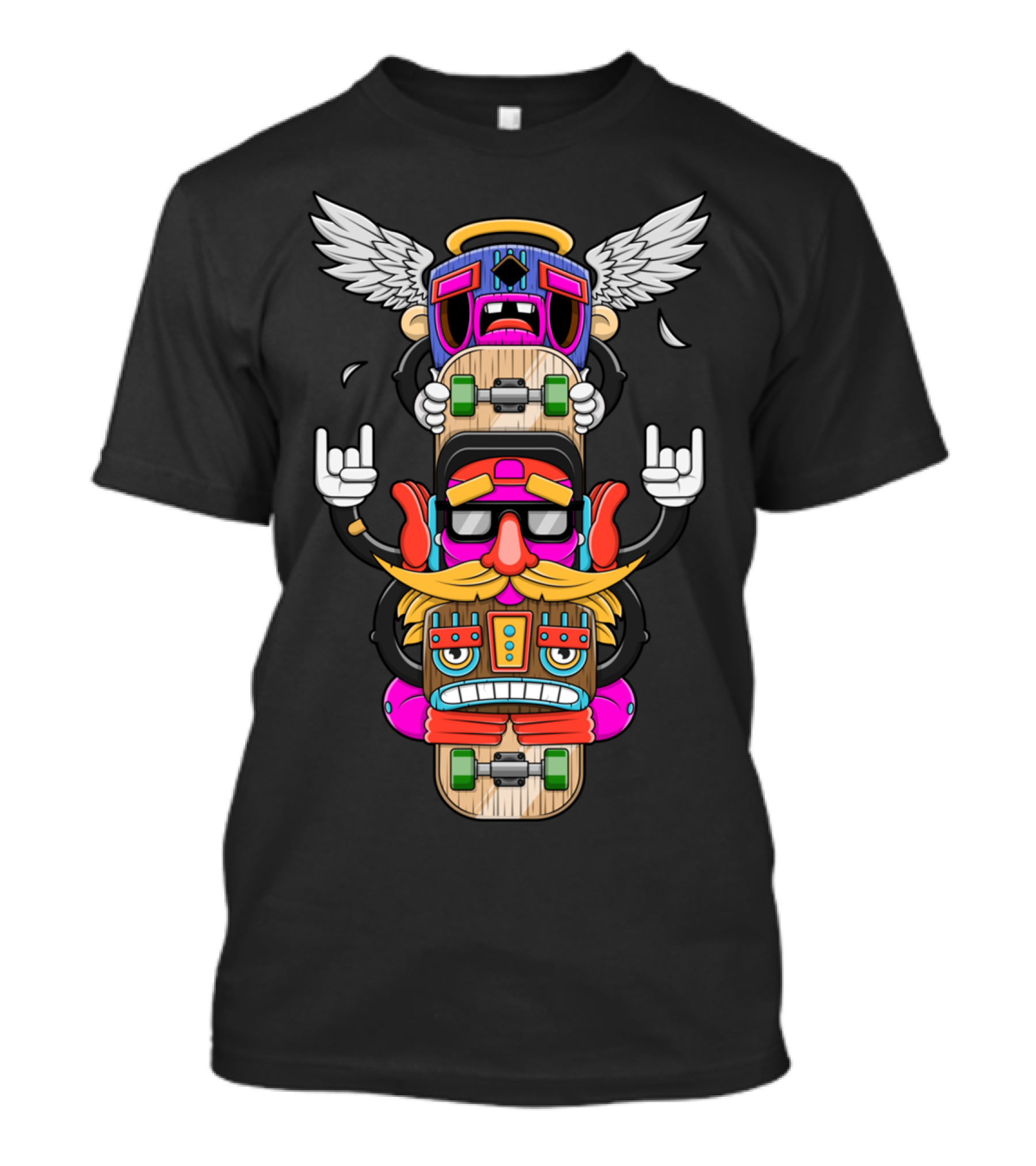 Skateboard Totem Pole With Wings And Vibrant Faces T-Shirt