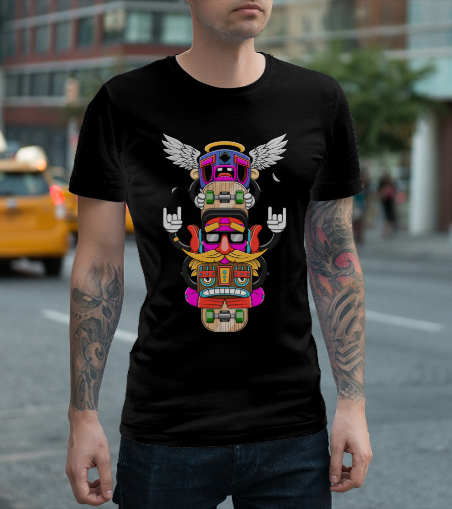 Skateboard Totem Pole With Wings And Vibrant Faces T-Shirt