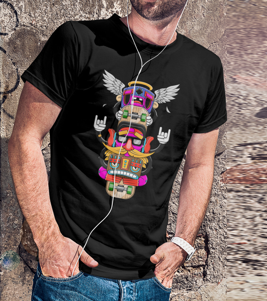 Skateboard Totem Pole With Wings And Vibrant Faces T-Shirt