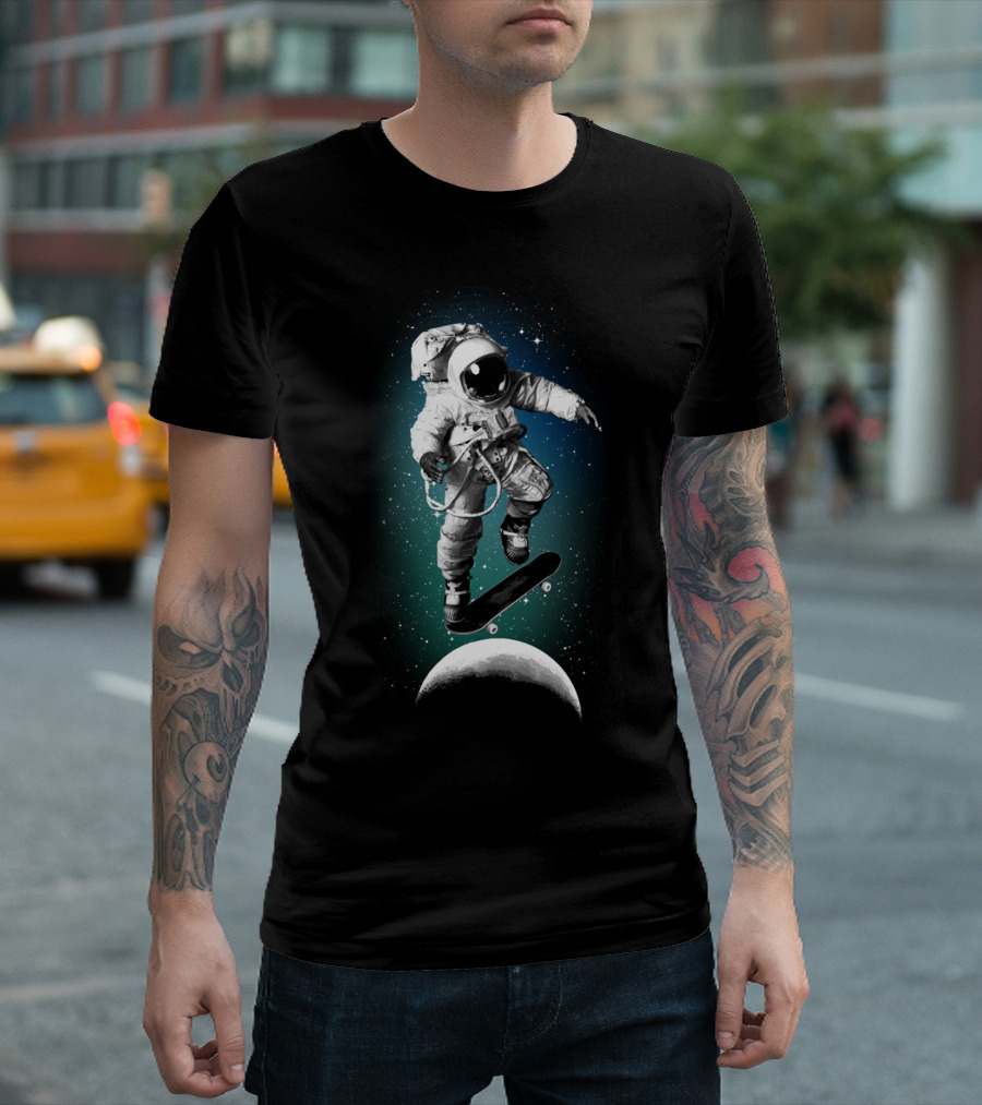 Skateboarding Astronaut in Space Over Moon T-Shirt