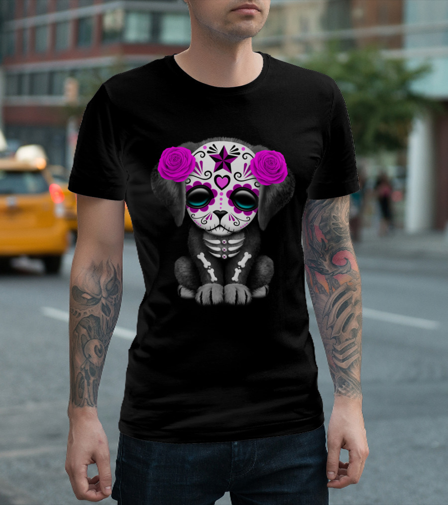 Cute Purple Day Of The Dead Puppy With Sugar Skull T-Shirt