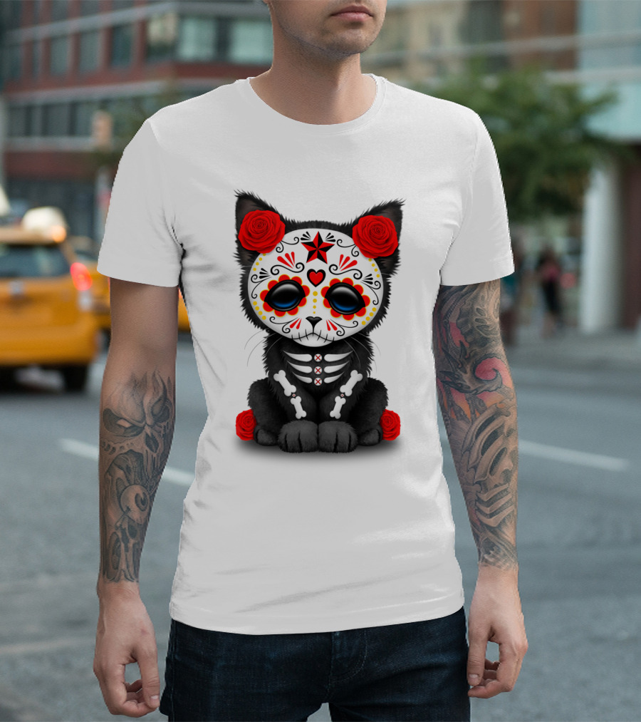 Cute Red Roses Day Of The Dead Kitten Cat Skulls T-Shirt