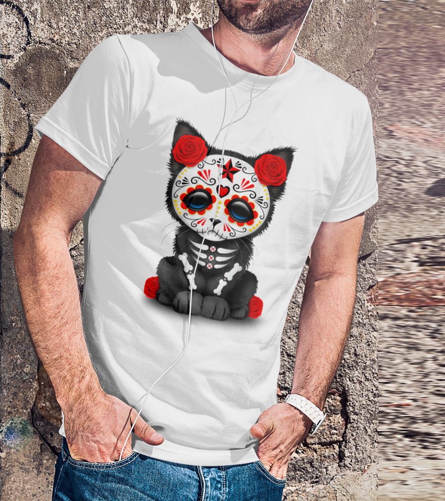 Cute Red Roses Day Of The Dead Kitten Cat Skulls T-Shirt