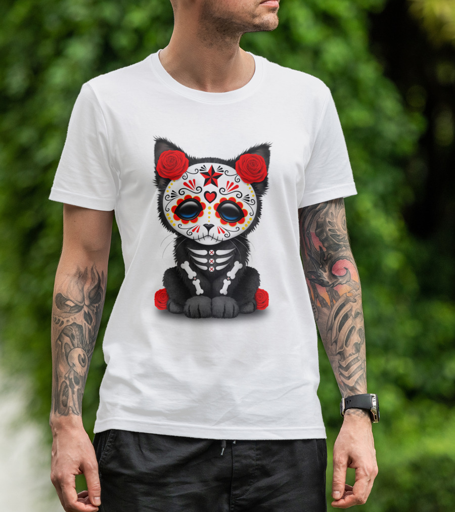 Cute Red Roses Day Of The Dead Kitten Cat Skulls T-Shirt