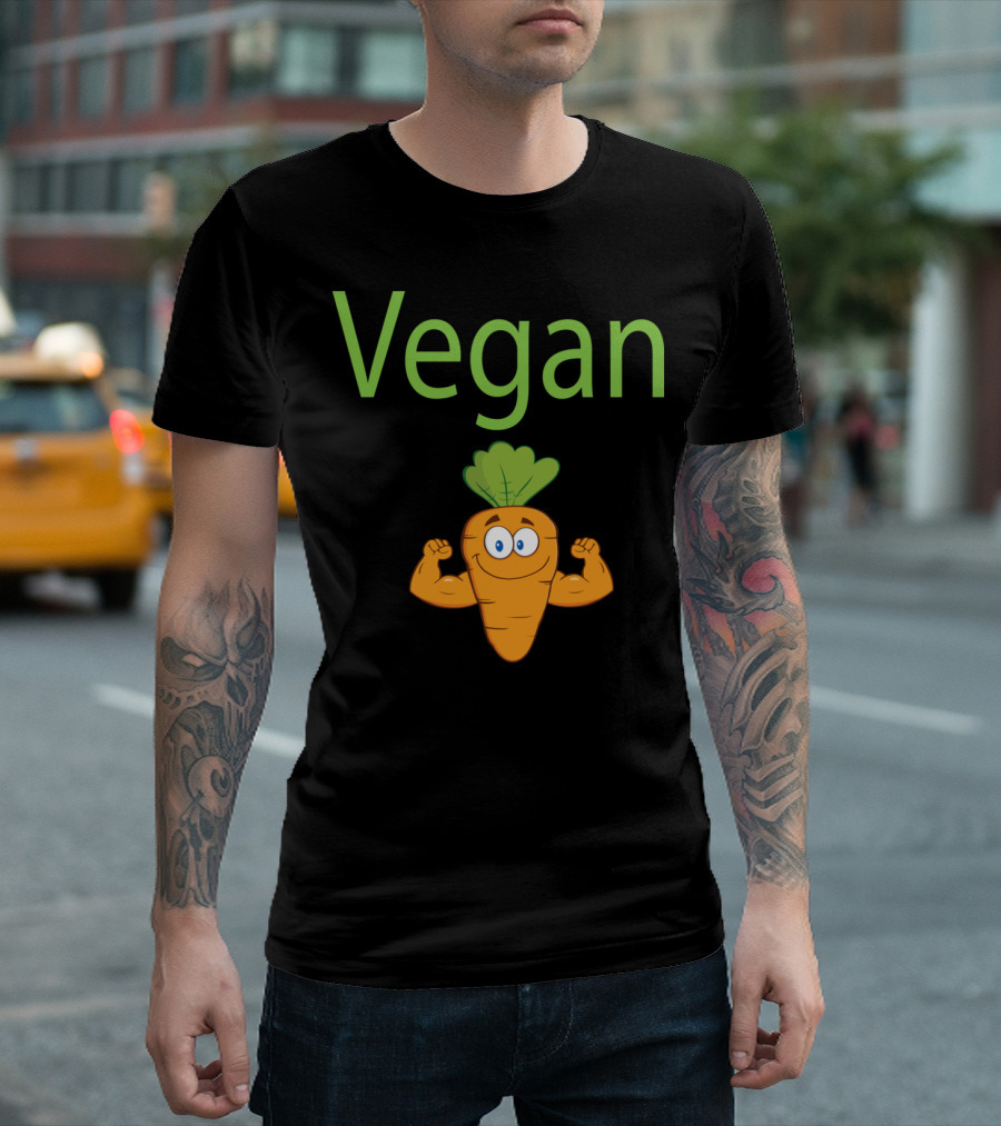 Vegan Strong Cartoon Carrot Flexing T-Shirt