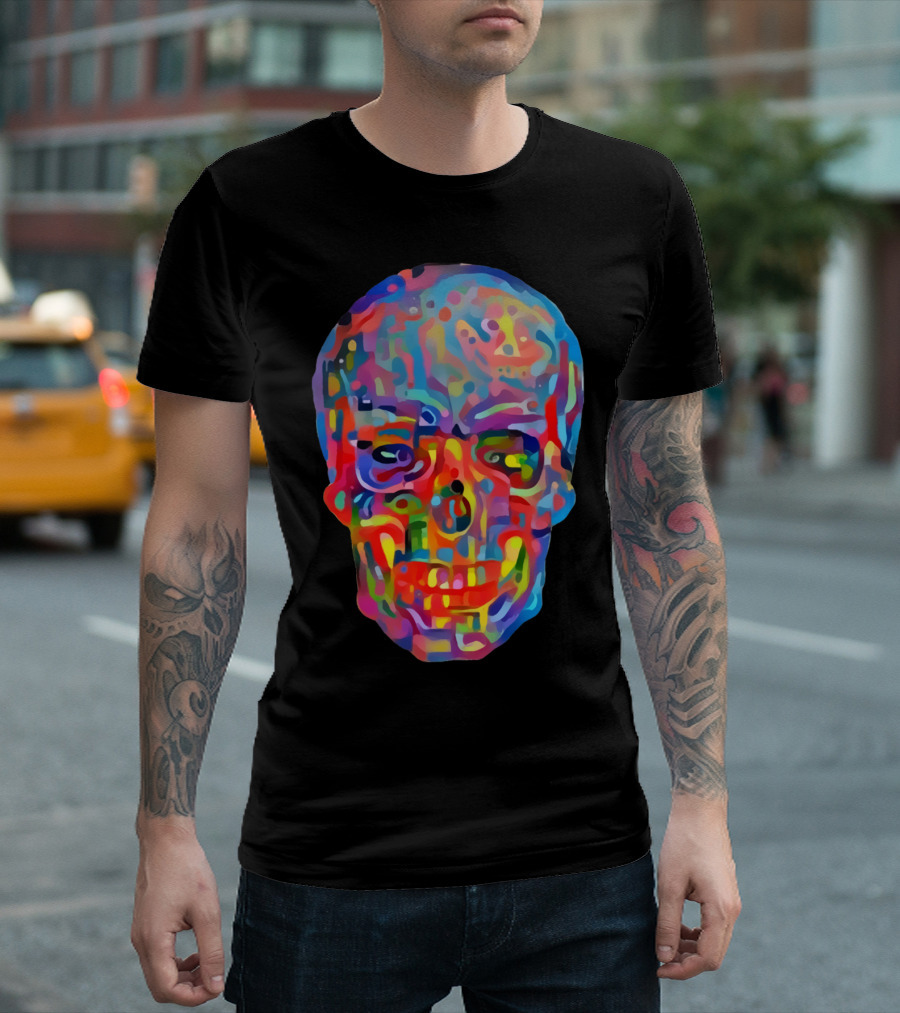 Skull Art Colorful Psychedelic Rainbow Face T-Shirt