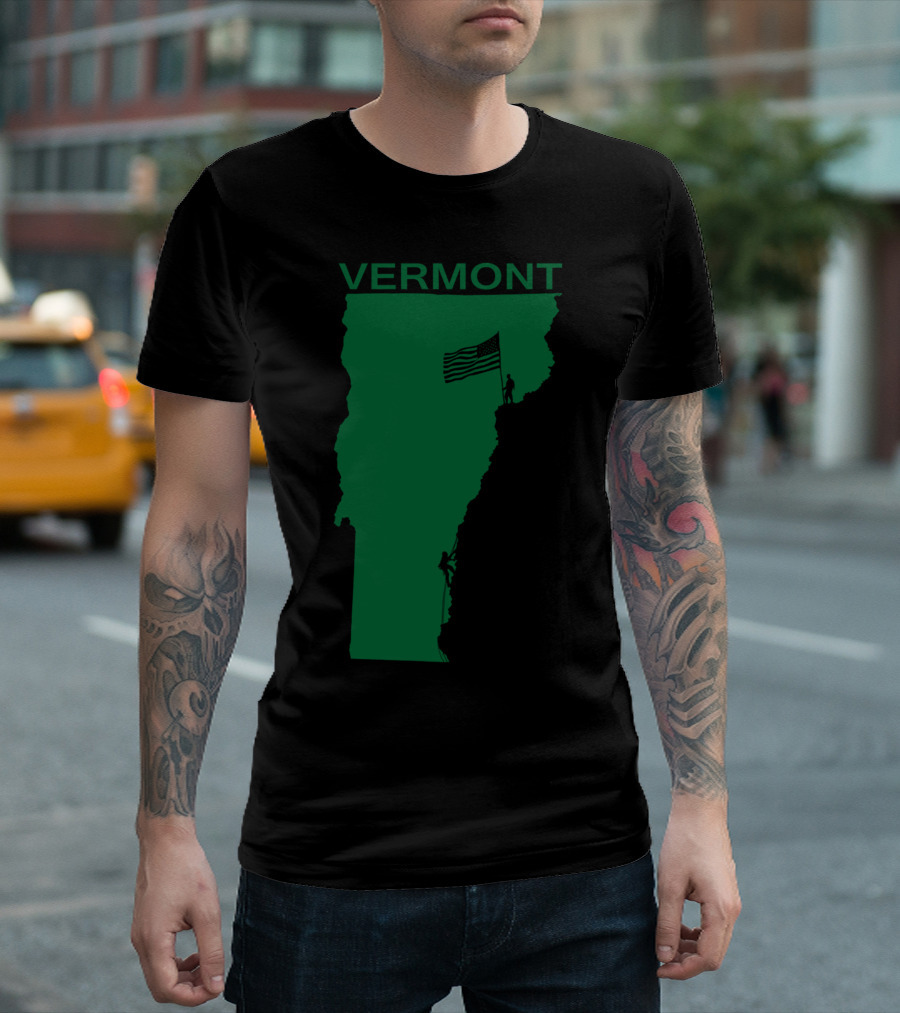 VERMONT State Silhouette with Climbers and American Flag T-Shirt