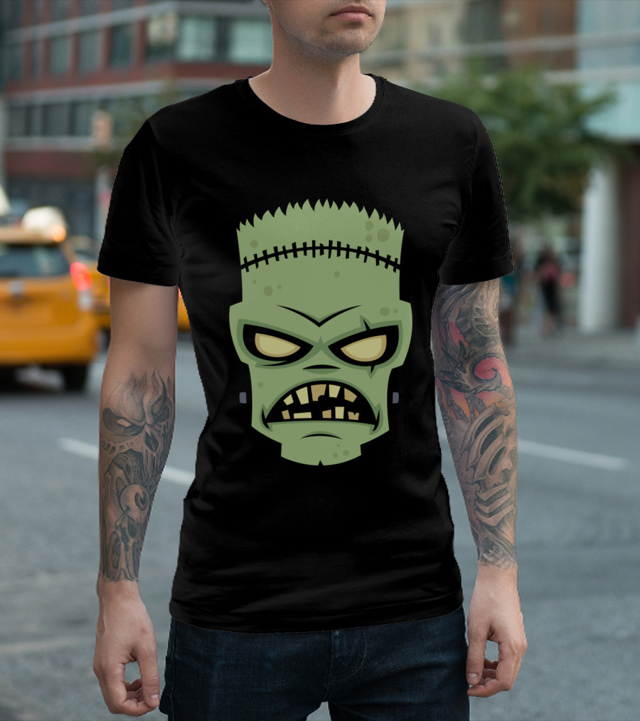 Frankenstein Monster Iconic Cartoon Head with Stitched Forehead and Angry Expression T-Shirt
