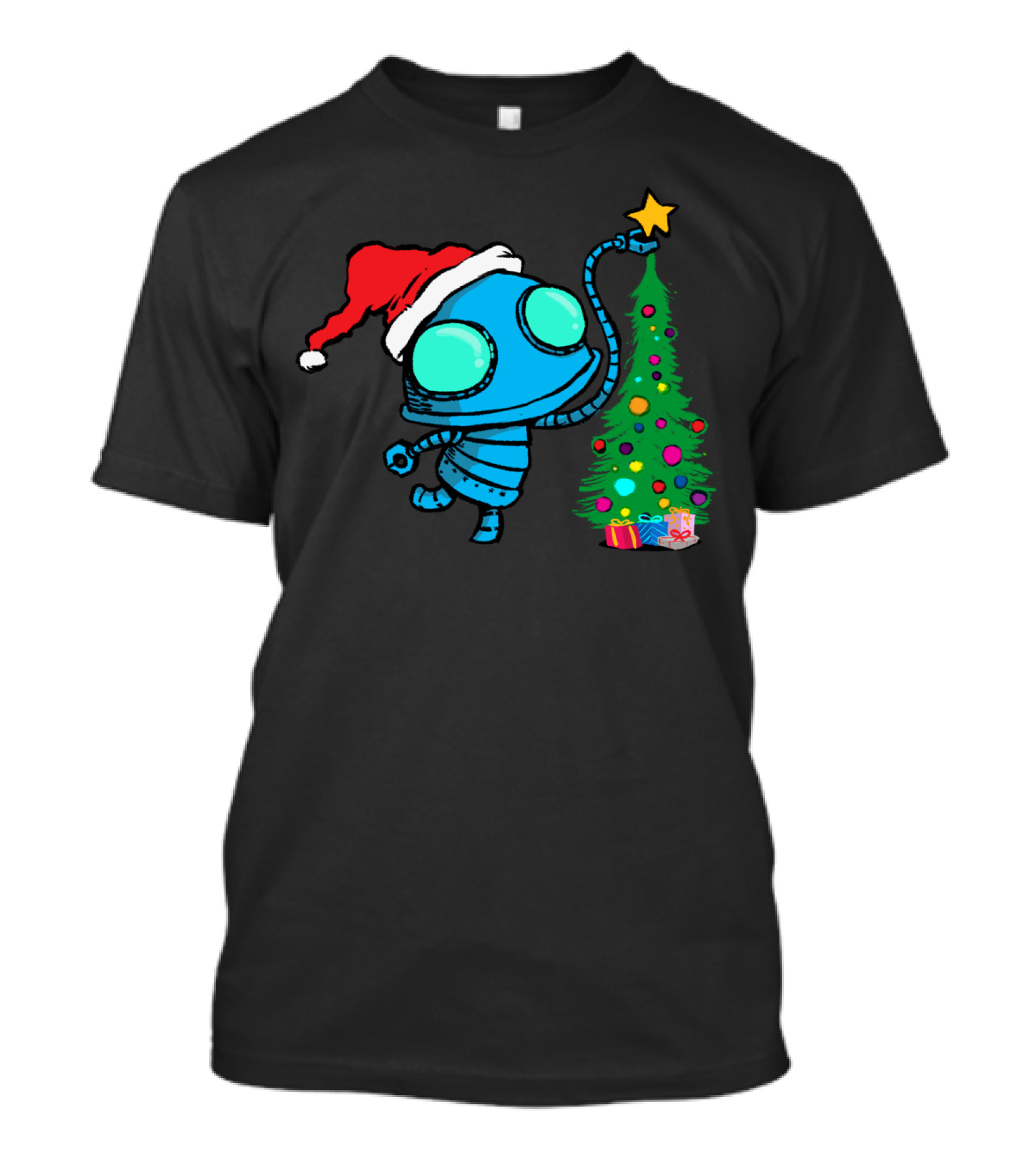 Cute Robot Christmas Tree Decoration With Santa Hat And Gifts T-Shirt