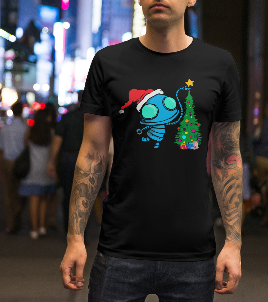 Cute Robot Christmas Tree Decoration With Santa Hat And Gifts T-Shirt