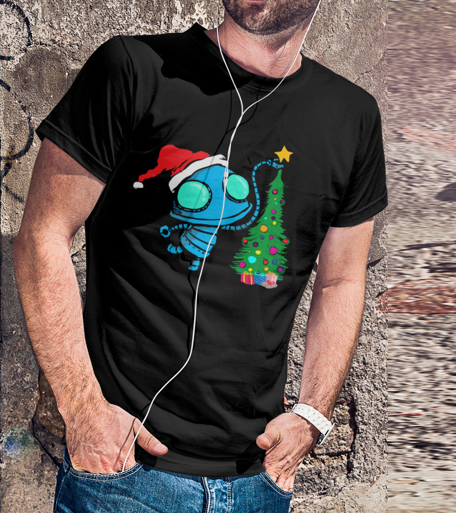 Cute Robot Christmas Tree Decoration With Santa Hat And Gifts T-Shirt