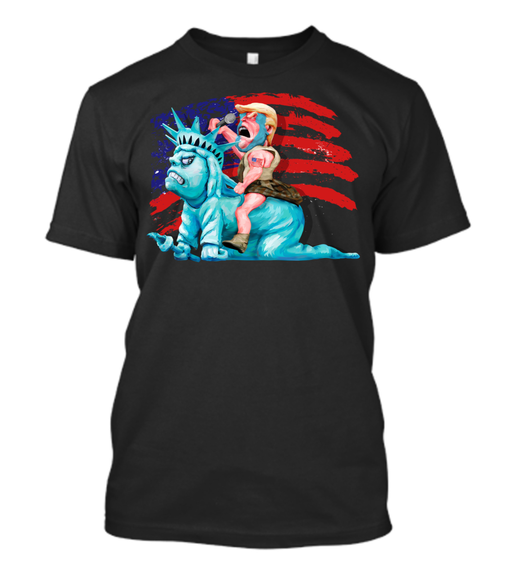 Liberty Is In My Control With Trump Riding Statue Of Liberty Against American Flag Background T-Shirt