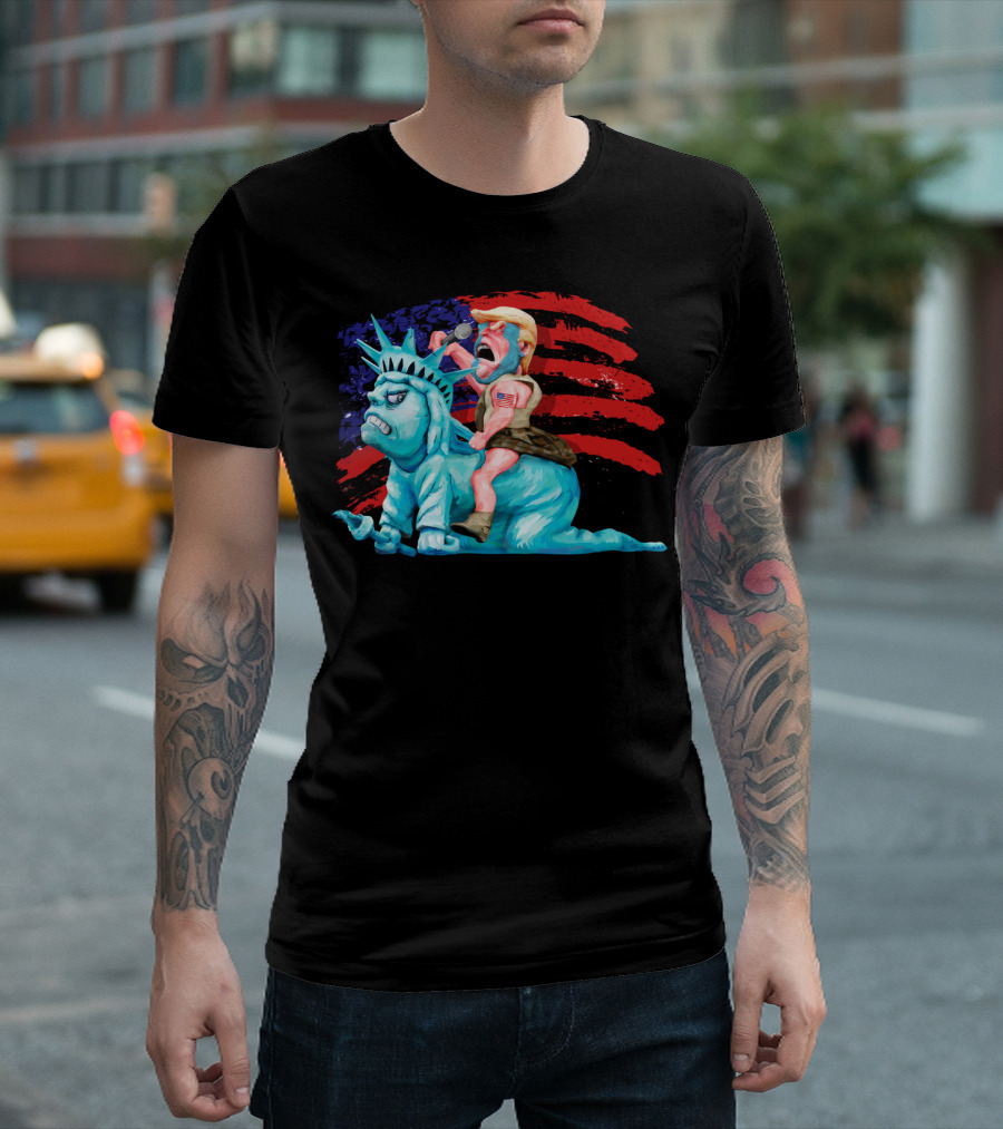 Liberty Is In My Control With Trump Riding Statue Of Liberty Against American Flag Background T-Shirt