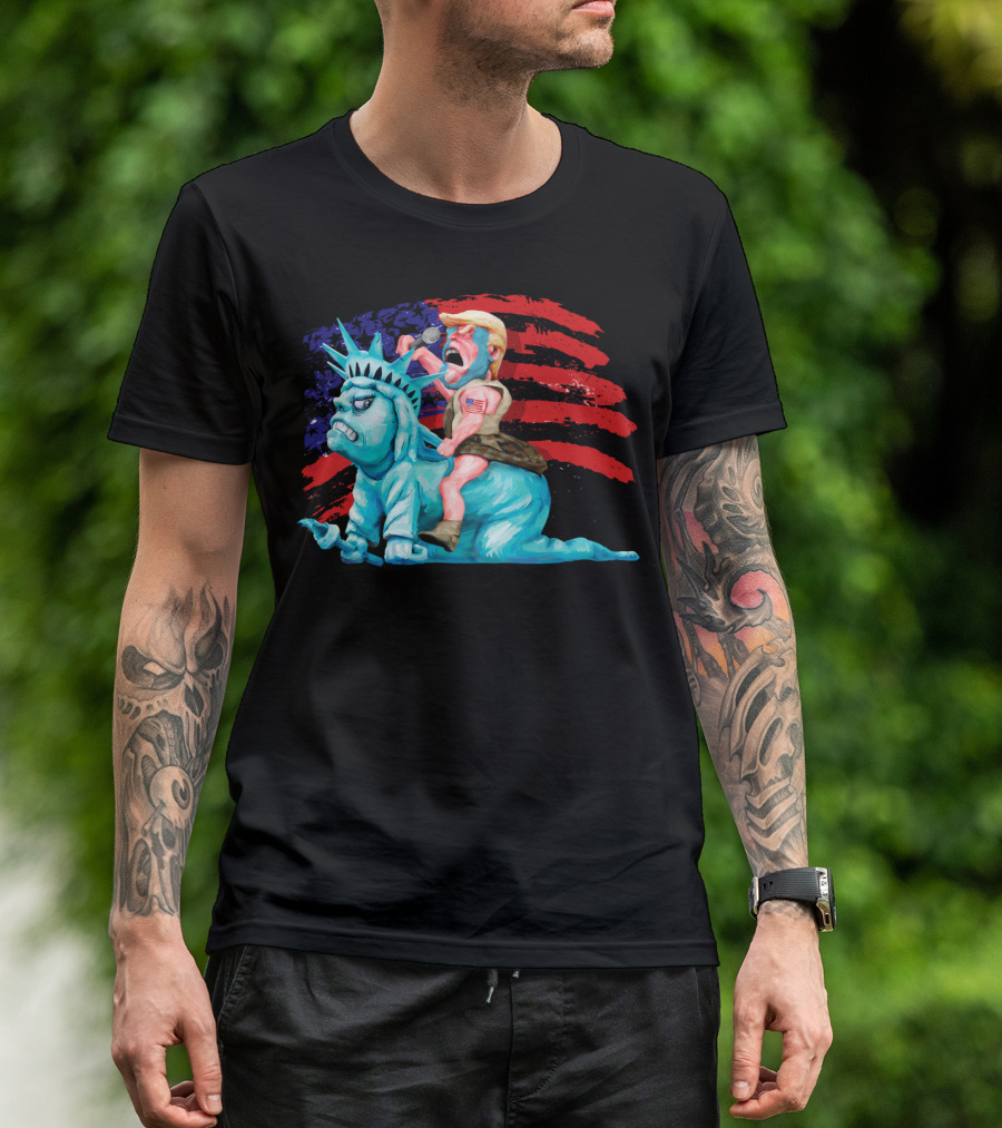 Liberty Is In My Control With Trump Riding Statue Of Liberty Against American Flag Background T-Shirt