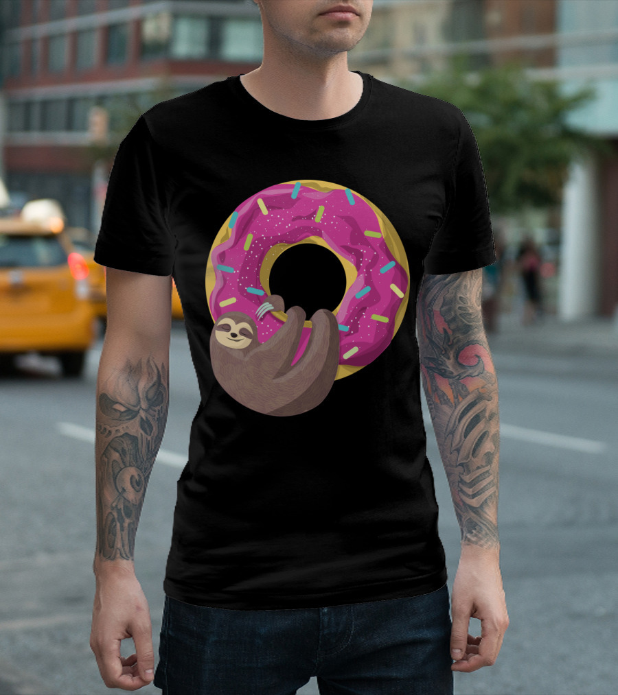Adorable Sloth Dangling from a Colorful Frosted Donut T-Shirt