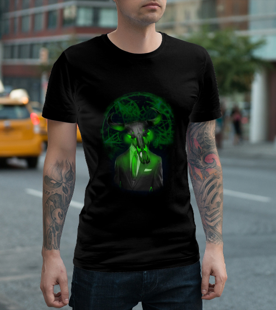 Bull Market Occultist Suited Bull Skull with Neon Green Mystical Symbols T-Shirt