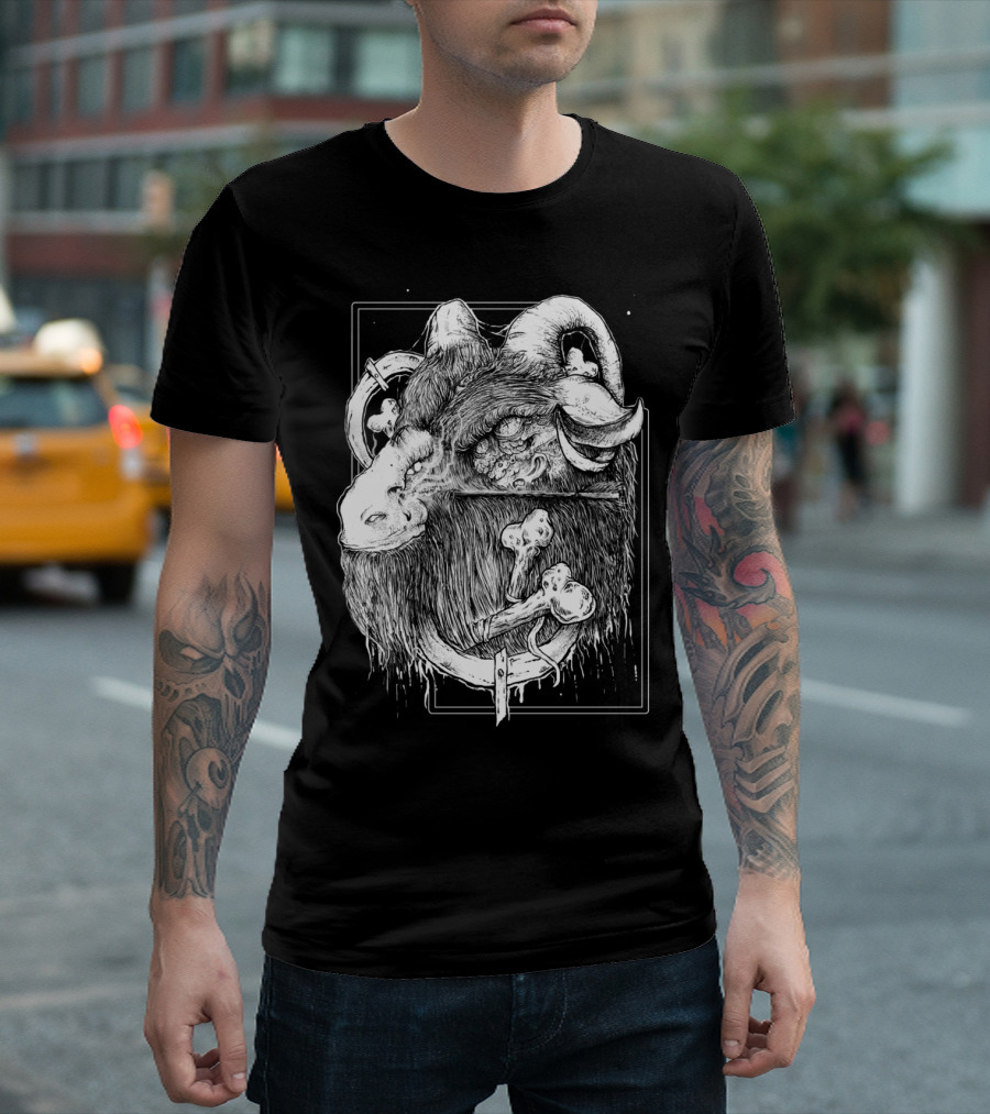 GOAT T Skull Illustration with Horns and Crossbones T-Shirt