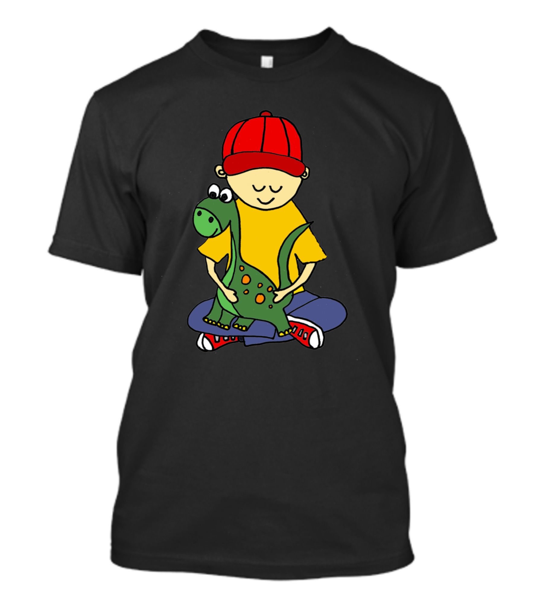 Adorable Little Boy In Red Cap Hugging Baby Green Dino With Orange Spots T-Shirt