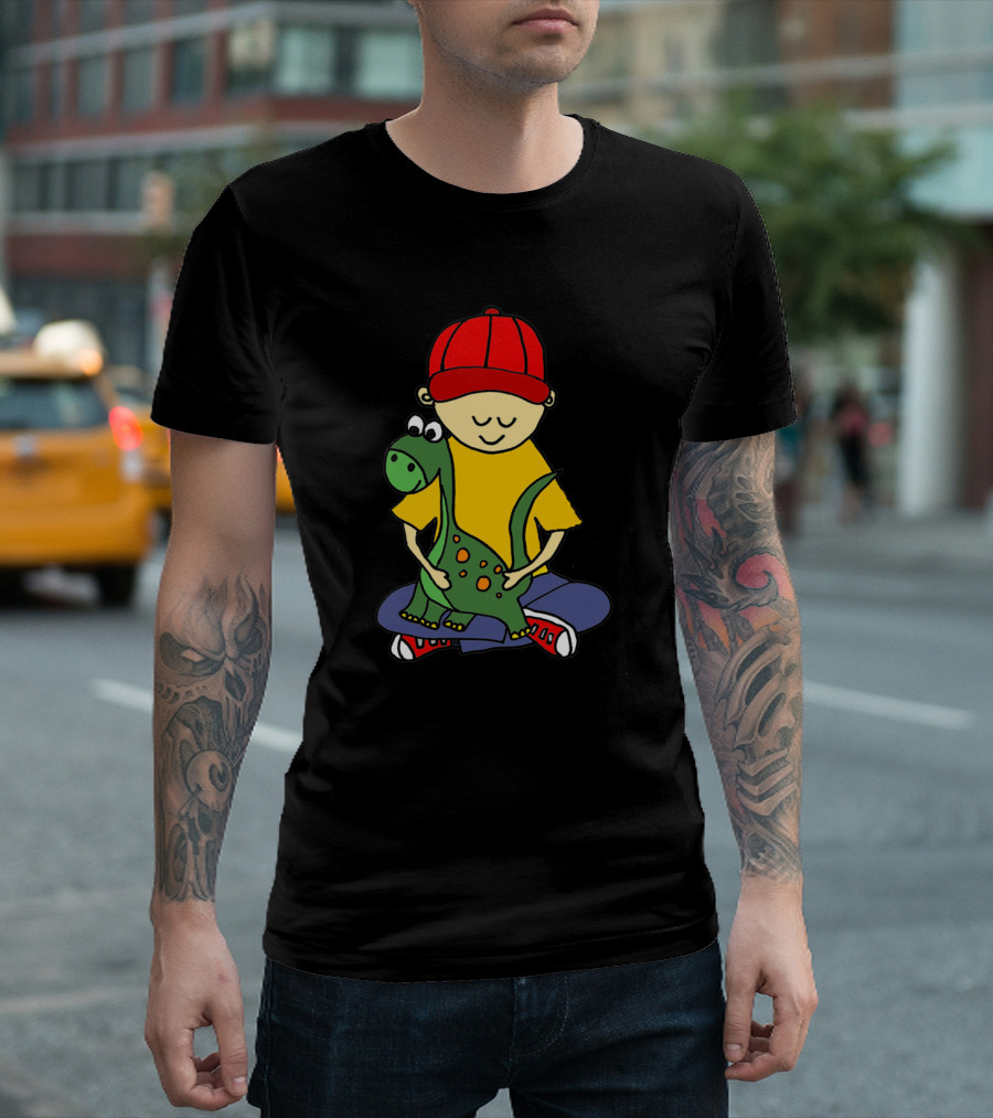 Adorable Little Boy In Red Cap Hugging Baby Green Dino With Orange Spots T-Shirt