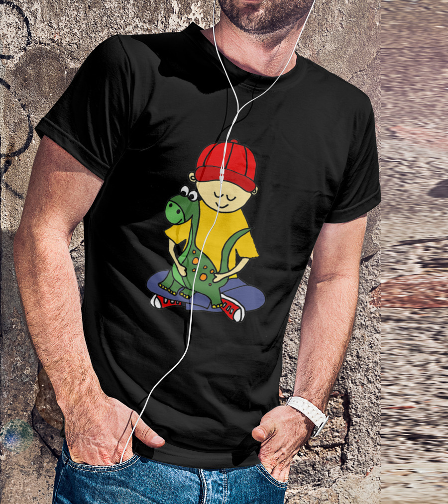 Adorable Little Boy In Red Cap Hugging Baby Green Dino With Orange Spots T-Shirt
