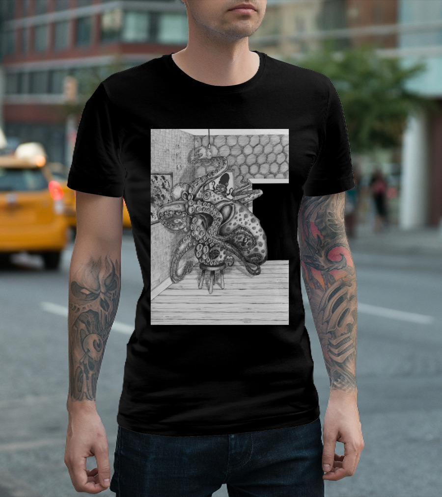 Octopus Changing a Light Bulb Art Print Detailed T-Shirt