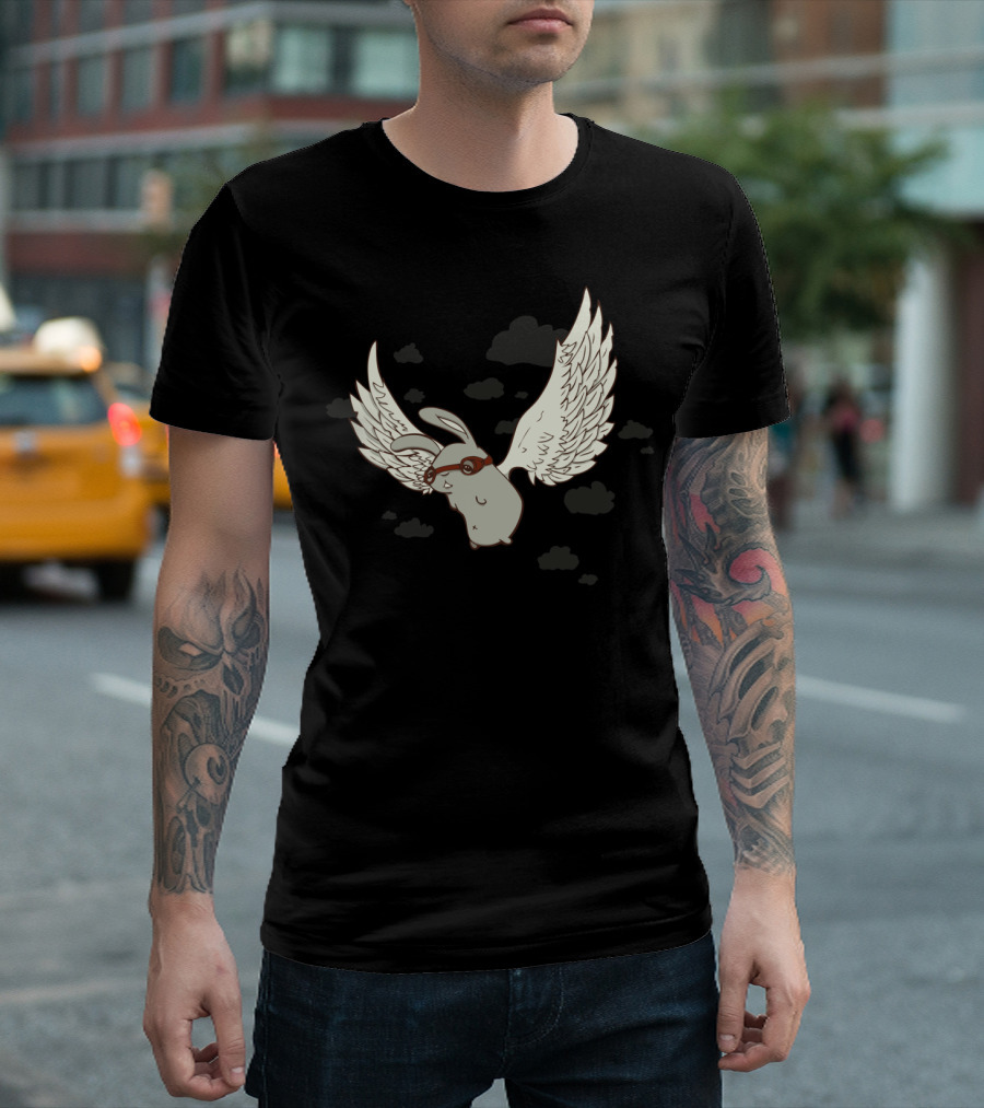 Bunny In Flight With Aviator Goggles And Wings In Cloudy Sky T-Shirt