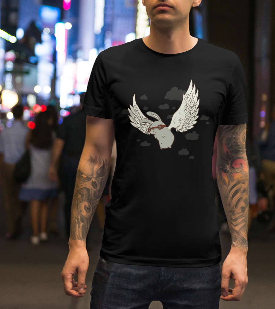 Bunny In Flight With Aviator Goggles And Wings In Cloudy Sky T-Shirt