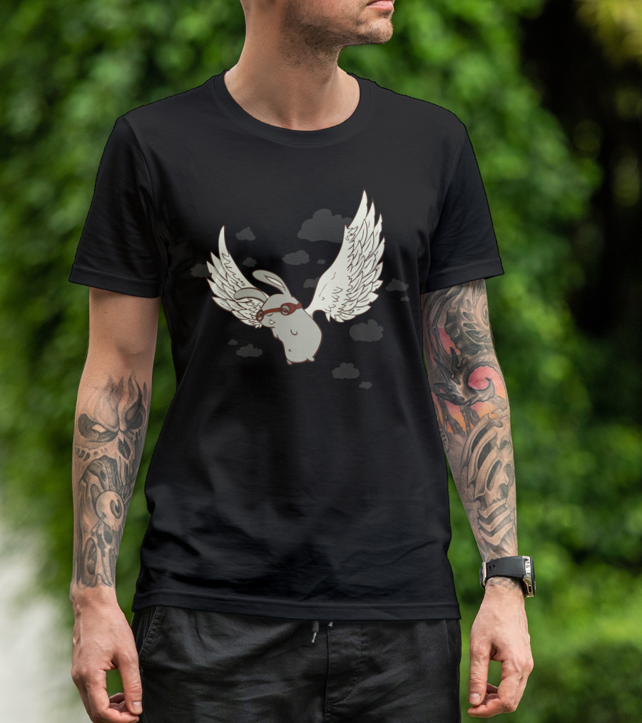 Bunny In Flight With Aviator Goggles And Wings In Cloudy Sky T-Shirt