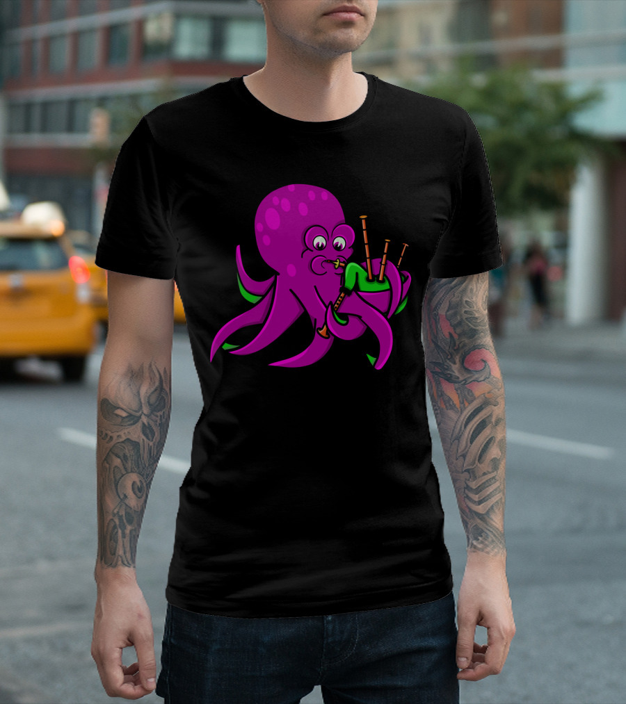 Octopus Playing The Bagpipes Fun Quirky Cartoon T-Shirt