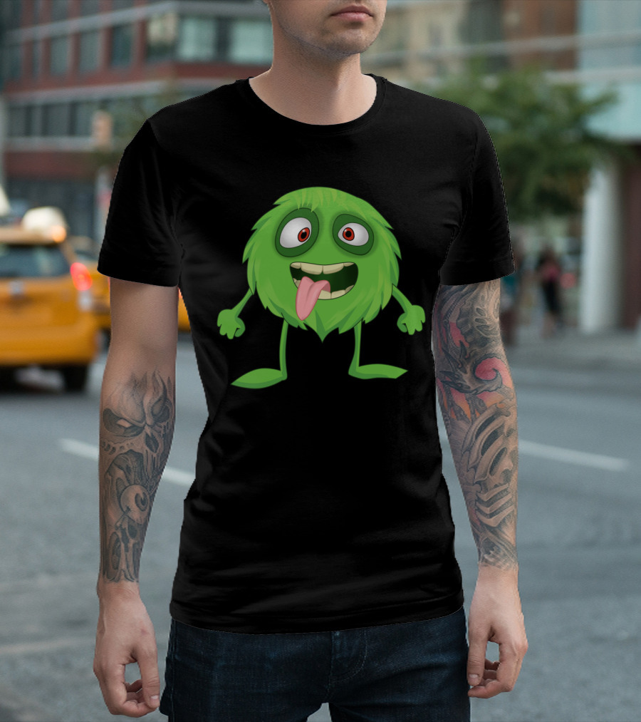 Cheerful Green Furry Little Monster With Big Eyes And Sticking Tongue Out T-Shirt
