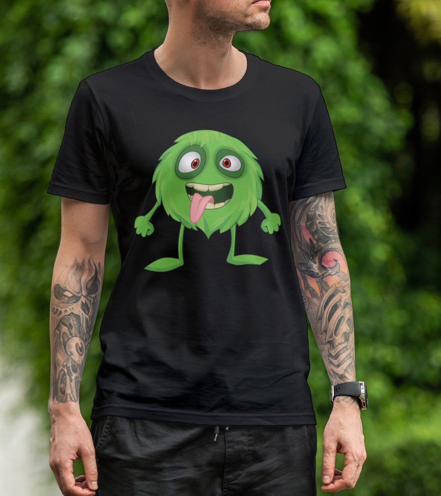 Cheerful Green Furry Little Monster With Big Eyes And Sticking Tongue Out T-Shirt