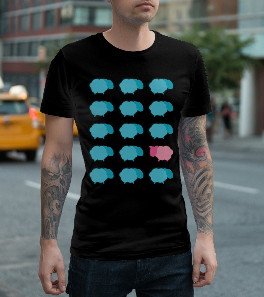 Be Ewe Blue Sheep And One Pink Sheep Grid T-Shirt