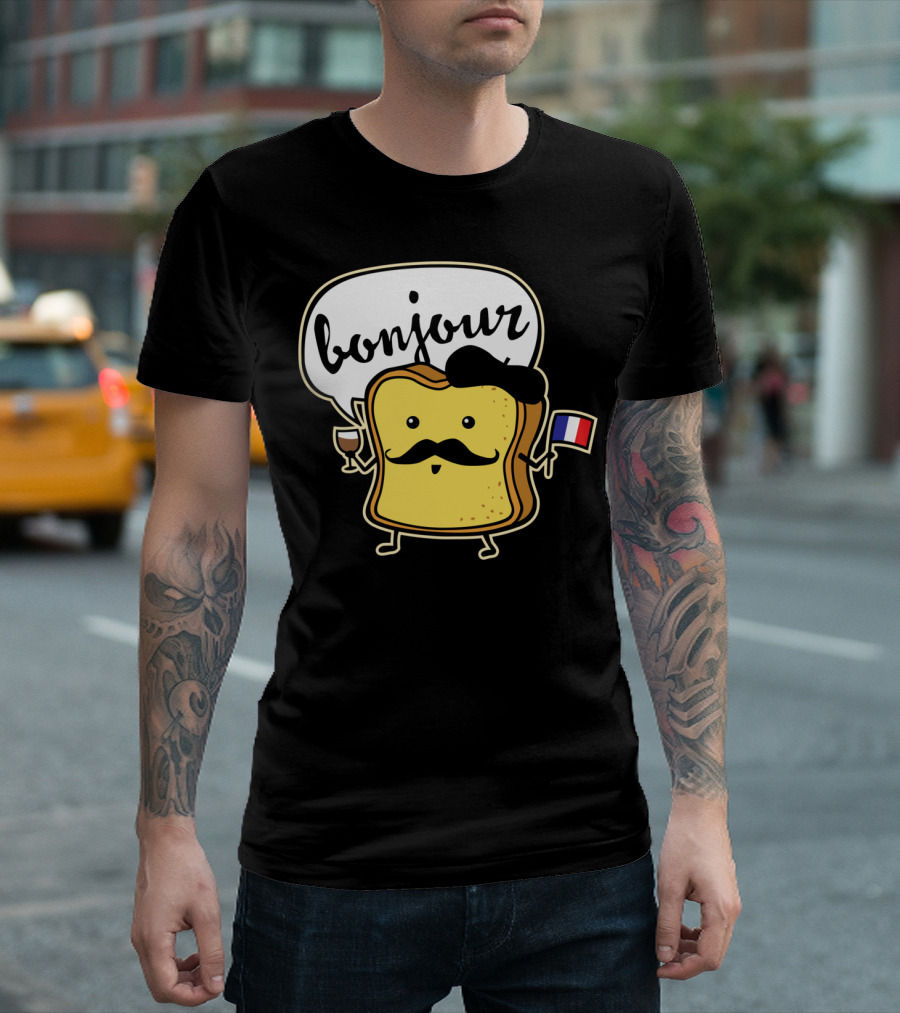 Bonjour French Toast Character Holding Flag and Wine T-Shirt