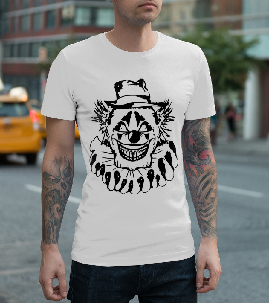 Evil Clown Black And White Creepy Grinning Clown Face with Hat T-Shirt