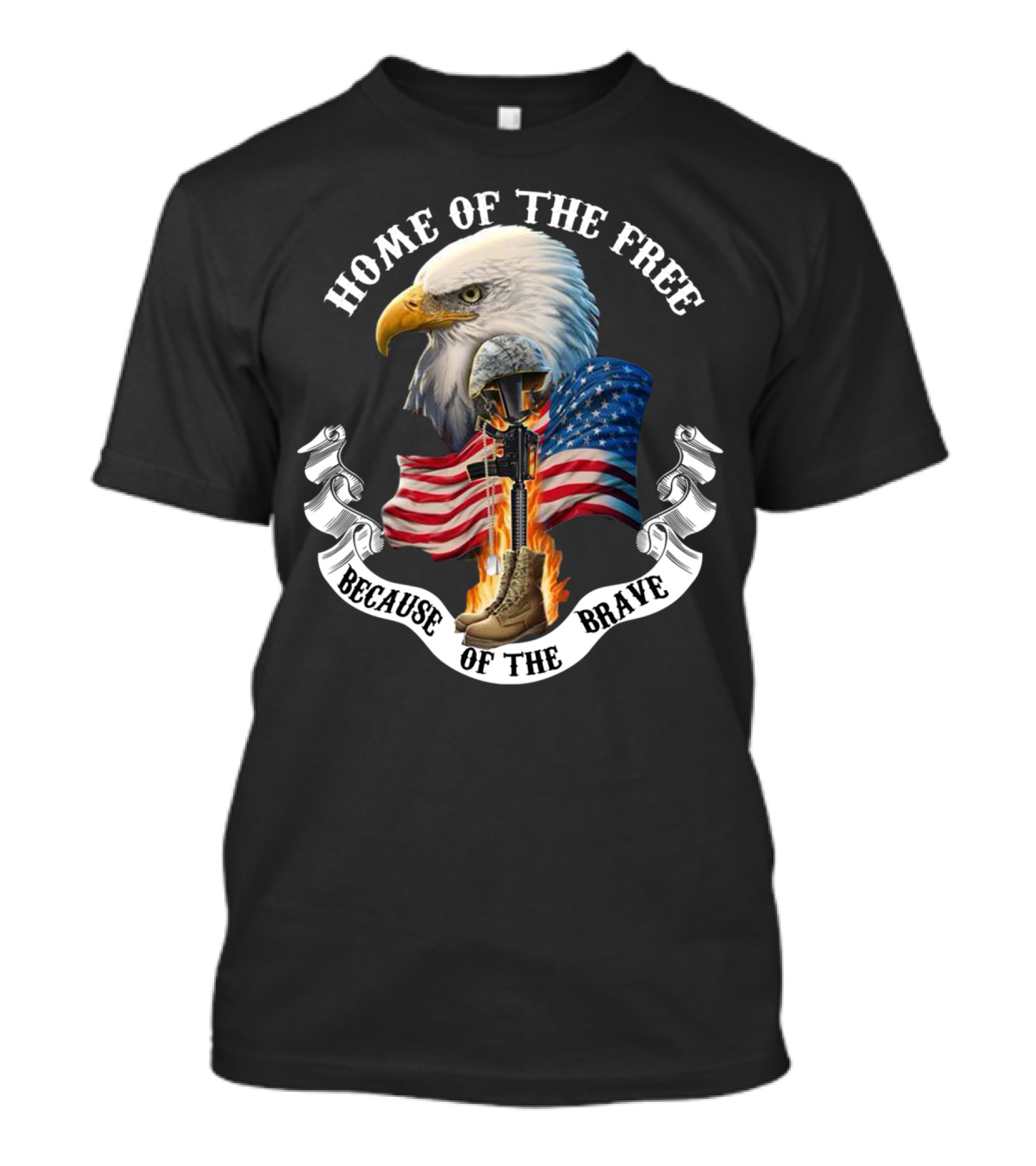 HOME OF THE FREE BECAUSE OF THE BRAVE EAGLE AMERICAN FLAG HELMET AND BOOTS FLAMES T-Shirt