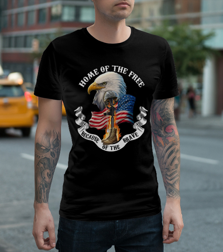 HOME OF THE FREE BECAUSE OF THE BRAVE EAGLE AMERICAN FLAG HELMET AND BOOTS FLAMES T-Shirt