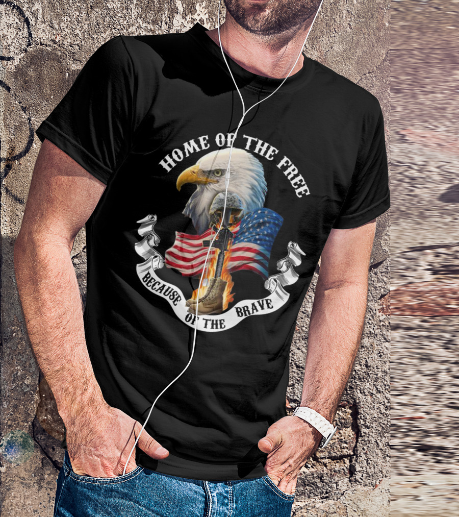HOME OF THE FREE BECAUSE OF THE BRAVE EAGLE AMERICAN FLAG HELMET AND BOOTS FLAMES T-Shirt