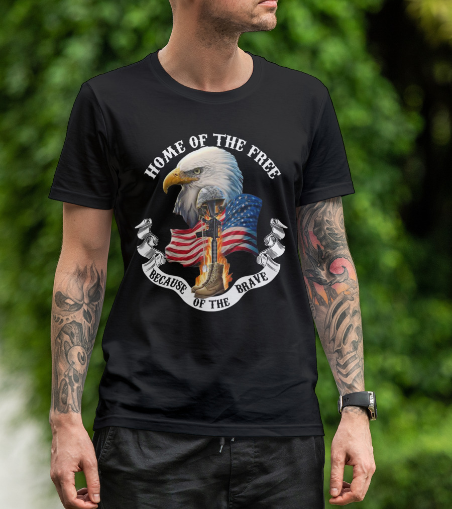 HOME OF THE FREE BECAUSE OF THE BRAVE EAGLE AMERICAN FLAG HELMET AND BOOTS FLAMES T-Shirt